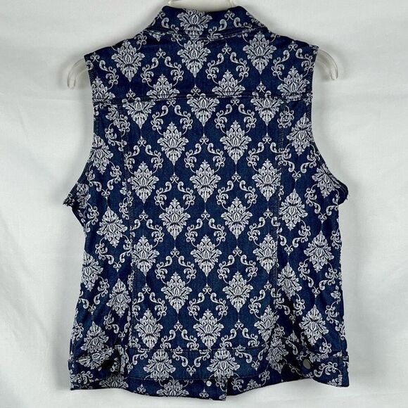 Baccini Floral Denim Style Sleeveless Button Down Collard Vest Large - Picture 3 of 9